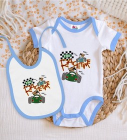 Resim Bk Kids Race Time Tasarımlı Mavi Bebek Body Zıbın Ve Mama Önlüğü Çok Renkli 