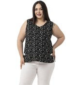 Resim Büyük Beden Çiçek Desenli V Yaka Yanlarda Yırtmaç Detaylı Kolsuz Siyah Bluz Siyah 