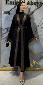 Resim Önü Gold Taşlı Şık Yöresel Takım 3 Parça Şifon Set TM47 GSB - M-2XL / Siyah 