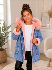 Resim Burçak Butik Kız Çocuk Kapüşonlu İçi Peluş Kürklü Kot Mont Kaban 