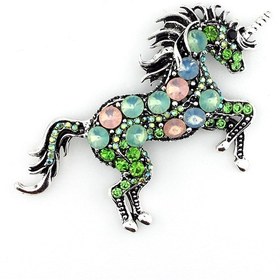 Resim Renkli Yeşil Taşlı Büyük Unicorn Tek Boynuzlu At Rozet Broş RZ066 