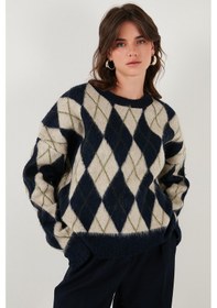 Resim Lela Oversize Fit Bisiklet Yaka Baklava Desenli Yumuşak Dokulu Bayan Kazak 4616223 Lacivert 