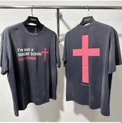 Resim Snapbuy Siyah Yıkanmış Pamuk T-shirt - Gevşek Kesim, Büyük Beden, Kırmızı Çapraz Baskımorerkek Mor 