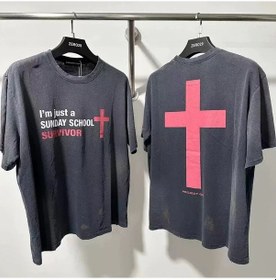 Resim Snapbuy Siyah Yıkanmış Pamuk T-shirt - Gevşek Kesim, Büyük Beden, Kırmızı Çapraz Baskımorerkek Mor 