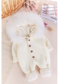 Resim Triko Örgü Kışlık İçi Welsoft Astarlı Kapüşonlu Kız/erkek Bebek Tulum Krem 