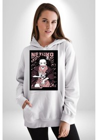 Resim Nezuko Demon Slayer Kadın Erkek Beyaz Kapüşonlu Sweatshirt Hoodie Beyaz 