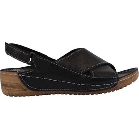 Resim Hakiki Deri Çapraz Bantlı Arkadan Ayarlı Rahat Taban Dolgu Topuk Kadın Sandalet Napa-311 Siyah 