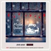 Resim Noel Baba Geyikler Mutlu Yıllar Kar Çorabı Kırmızı Beyaz Yılbaşı Sticker Süs Cam Kar Tanesi 