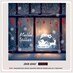 Resim Noel Baba Geyikler Mutlu Yıllar Kar Çorabı Kırmızı Beyaz Yılbaşı Sticker Süs Cam Kar Tanesi 