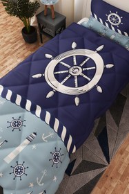 Resim BelezaHome Mavi Deniz Feneri Gemi Desenli Tek Kişilik Çocuk Yorganı Uyku Seti 
