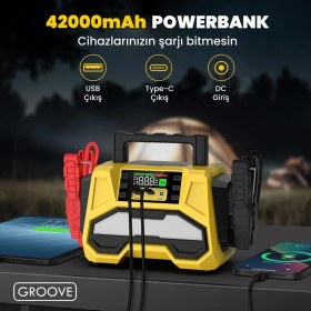 Resim Groove F05 42000MAH 8000A Akü Takviye Cihazı +Lastik Şişirme Kompresörlü Taşınabilir Jump Starter+Pd 30W Hızlı Şarj (Kompresör+Powerbank+Led Lamba+Lcd Ekran) 