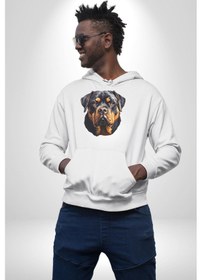 Resim Rottweiler Kafası Kadın Erkek Beyaz Kapüşonlu Sweatshirt Hoodie Beyaz 