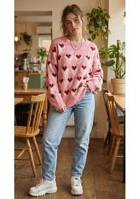 Resim Qoolest Kadın Kalpli Yünlü Pembe Triko Sevgililer Günü Özel Yumuşak Dokulu Oversize Kazak Pembe 