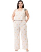 Resim Büyük Beden Kalın Askılı Fermuarlı Beli Lastikli Sarı Çiçekli Kadın Tulum 