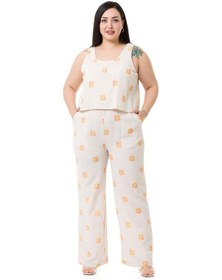 Resim Büyük Beden Kalın Askılı Fermuarlı Beli Lastikli Sarı Çiçekli Kadın Tulum 