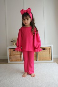 Resim Asortik Kids Kız Çocuk Bürümcük Kumaş 2'li Set Balon Kol Bluz + Pantolon-F110-JLB-083 