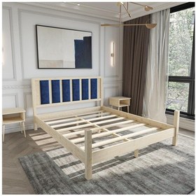 Resim Orion Model Lacivert Puflu Başlıklı Doğal Çam Ahşap Karyola-68 200 x 200 CM 