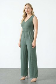 Resim Büyük Beden Fitilli Kumaştan Beli Lastikli Sırt Detaylı Paçası Uzun Tulum 198140 - 38 / Yeşil 