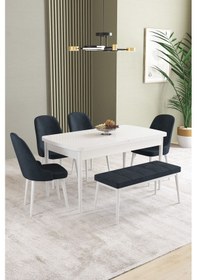 Resim Ikon Beyaz 80x132 Mdf Açılabilir Yemek Masası Takımı 4 Sandalye, 1 Bench Antrasit 