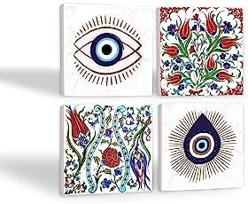 Resim Nazar, Çini Sanatı Lale Taş Bardak Altlığı Seti - 4 Parça - Dekoratif, Rustik Mutfak Aksesuarı, 10x10 cm, Kaydırmaz Tabanlı, Şık ve Dayanıklı SC415 