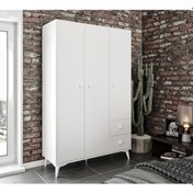 Resim KZNHOME Akasya 3 Kapaklı 2 Çekmeceli Mdf Gardrop Elbise Dolabı Beyaz - Ta 