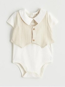 Resim LC Waikiki Ekru Yelek Görünümlü Müslin Erkek Bebek Çıtçıtlı Body Ve Pantolon (S6) 