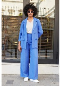 Resim Kadın İpeksi Dokulu Modal Kumaş Yakalı Cep Kapaklı Oversize Salaş Blazer Ceket-indigo Indigo 