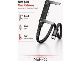 Resim Neffo 240W Ultra Hızlı Type-C Şarj Data Kablosu Katlanabilir Standlı Ergonomik Tasarım 1.5m Örgülü 