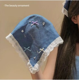 Resim synshop Mavi Kadın & Kız Çocuk Dantel Detaylı Bandana - Kot Görünümlü Üçgen Saç Bandı Taç Vintage Yazlık 