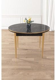 Resim Canisa Osle Serisi 90x90 Yuvarlak Siyah Mermer Desen Mutfak Masa Takımı 4 Sandalye Gold Detay Masa Siyah Mermer Desen Sandalye Krem Gold Ayak 