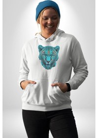 Resim Yeşil Leopar Kafası Kadın Erkek Beyaz Kapüşonlu Sweatshirt Hoodie Beyaz 
