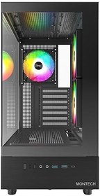 Resim MONTECH XR, ATX Mid-Tower PC Oyun Kasası, 3 x 120mm ARGB PWM Fanlar Önceden Yüklenmiş, Tam Görünüm Çift Temperli Cam Panel, Ahşap Tahıl Tasarım G/Ç Arabirimi, 4090 GPU'ları Destekleyin, 360mm Radyatör 