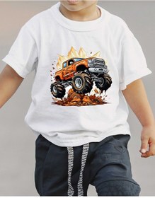 Resim F17 Ajans Offroad Araba Baskılı %100 Pamuk Kısa Kollu Erkek Çocuk Tişörtü Beyaz 