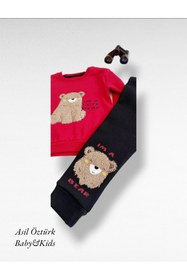 Resim AdımAy Kids Bebek Unisex Kırmızı Alt Üst Takım Pamuklu Eşofman Oturan Ayıcık Model 