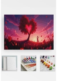 Resim Sayılarla Boyama Seti Numaralı Tuval Fırça Boya - 40x50 Cm Kalp Ağaç 