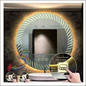 Resim Dnr-Mirror60 Cm Günışığı Ledli Tasarım Kumlamalı Dokunmatik Bluetoothlu Buğu Önleyicili Makyaj Banyo Aynası 