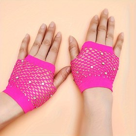 Resim Kadınlar İçin Gül Pembesi Balık Ağı Desenli Taşlı Parmaksız Eldiven Çifti 