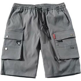 Resim Gri Yaz Erkekler Elastik Kemer İpli Şort Çok Cepler Düz Renk Düz Geniş Bacak Orta Katlı Spor Kargo Şort Streetwear Gri 
