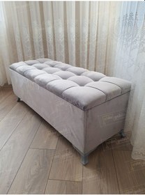 Resim Çizgi Kapitoneli Sandıklı Puf 100 Cm Gümüş Ayak Gri 