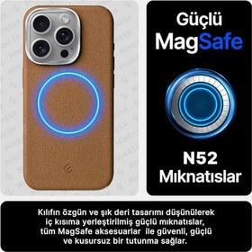 Resim Minesk iPhone 16 Pro için MagSafe ile Uyumlu Çizilmeyen ve Parmak İzi Tutmayan Deri Görünümlü Metal Tuşlu ve Metal Lens Çerçeveli Hybrid Silikon Kılıf (Taba, 16 Pro) 