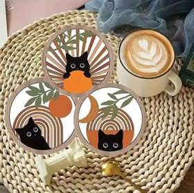 Resim Dekoratif Kedi Desenli Ahşap Bardak Altlığı Seti, 10x10 cm, 6 Parça, Isıya Dayanıklı, Kaymaz 