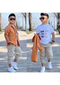 Resim Modavals Cep Ve Kol Detaylı Düğmeli Ceket Baskılı Tişört Ve Kargo Pantolon 3 Parça Erkek Çocuk Takım-589274601 Turuncu 