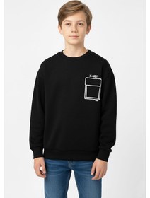 Resim Baskı Detaylı Bisiklet Yaka Erkek Çocuk Sweatshirt-90913 Siyah 