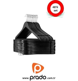 Resim 48 Adet Ahşap Görünümlü Plastik A Kalite Siyah Elbise Askısı 