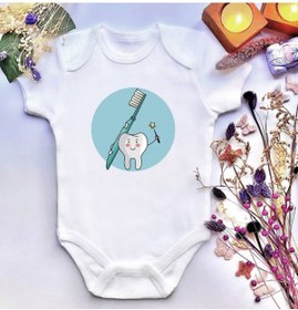 Resim irembaby Unisex Bebek Diş Baskılı %100 Pamuklu Çıtçıtlı Body Zıbın 