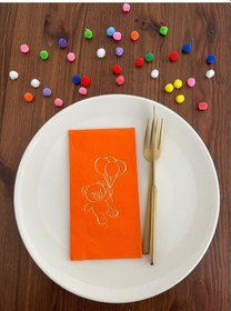 Resim Gold Yaldızlı Turuncu Sevimli Ayı Baskılı Garson Katlama Peçete 16 Adet 