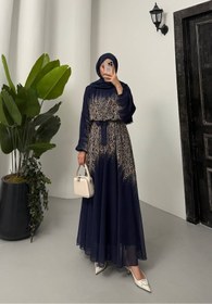 Resim Neşeli Butik kadın leopar desenli şifon tesettür elbise NMS055 