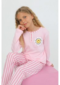 Resim Kız Çocuk Uzun Kollu %100 Pamuklu Düğme Detaylı Pijama Takımı Alright Pembe 
