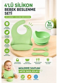 Resim Jojobebek Çocuk Silikon Mama Önlüğü, Silikon Vakumlu Kase, Silikon Kaşık Ve Çatal / Yeşil 