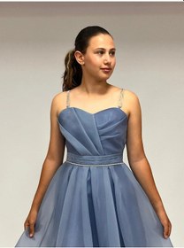 Resim Butikhappykids Kız Çocuk Abiye İndigotaş Kordon Askılı Kalp Yaka Kuyruklu Şifon Abiye Elbise 10-15 Yaş İndigo 